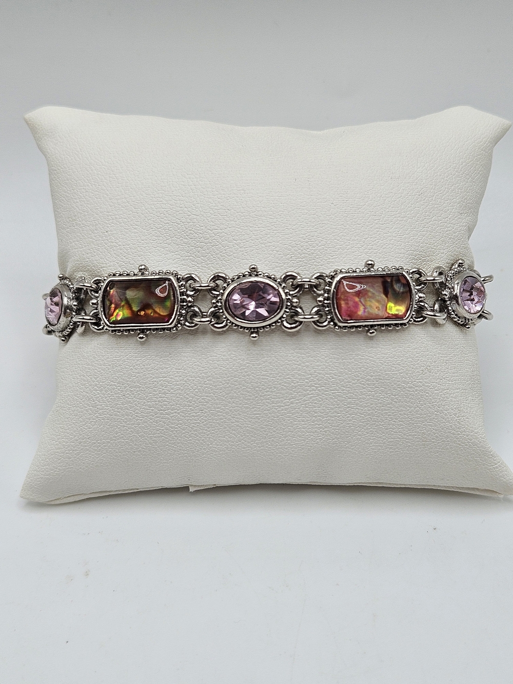 VINTAGE Cookie Lee Silver Tone Abalone Shell Pink Rhinestone Toggle Bracelet